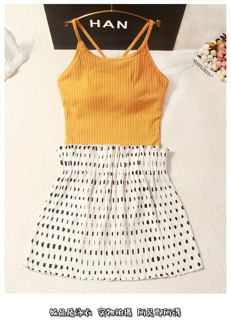 solid color strapless backless bikini+ white dot short skirt student beach swimwear high waist slimming cute swimsuit two-piece