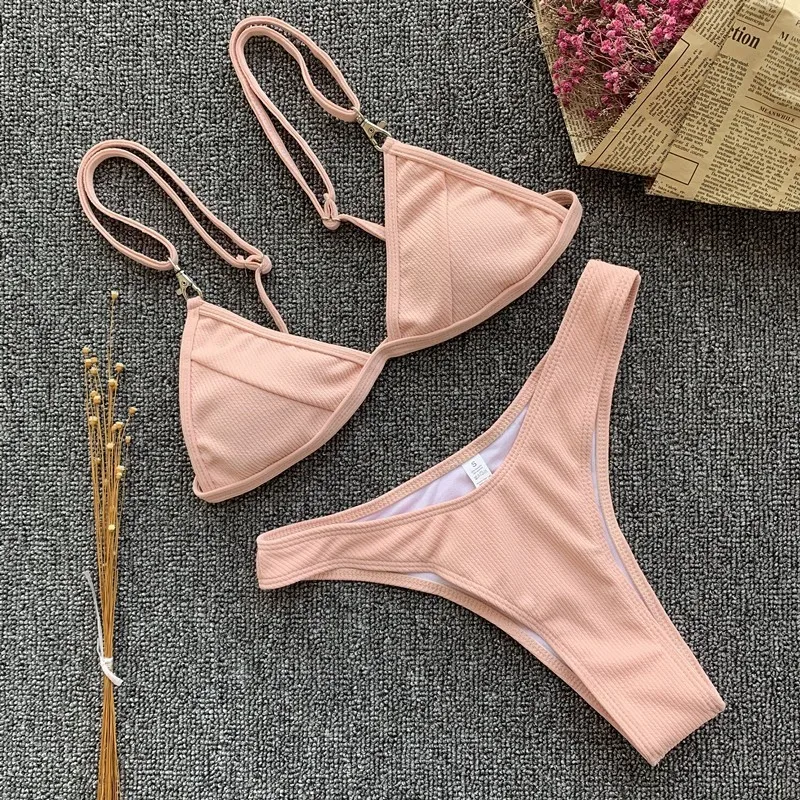 Сексуальный однотонный купальник с высокими плавками женский треугольный