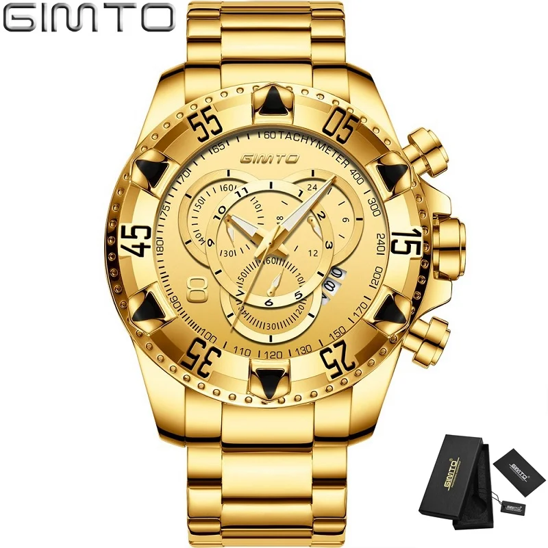 Gold Box GIMTO, роскошные брендовые золотые мужские часы, золотые, нержавеющая сталь, водонепроницаемые, большой циферблат, мужские наручные часы, Япония, кварцевые, деловые часы, подарок - Цвет: Gold Box
