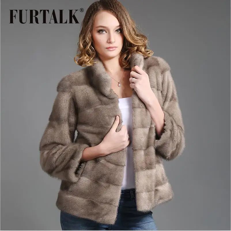 Natural Grey FURTALK шубы из натурального меха 60 см Норки Куртка Настоящее Природный норки пальто Женщин Зима Норковая Шуба - Цвет: Natural Grey