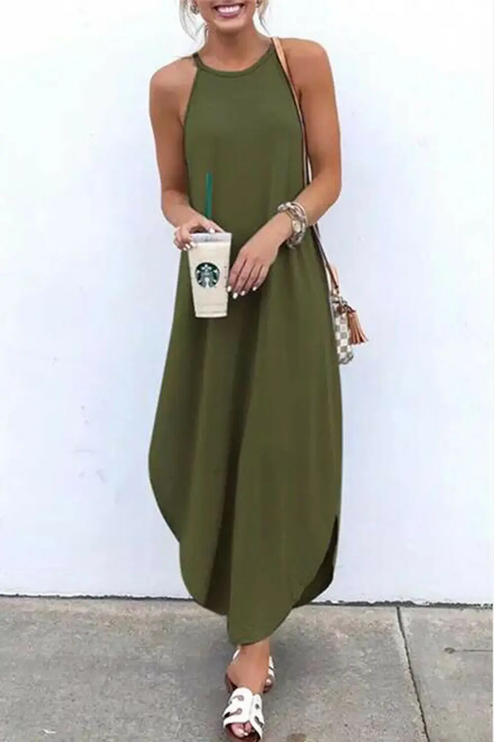 Армейский зеленый Drees женское Макси Бохо с открытой спиной летнее Холтер без Рукавов сплошное свободное пляжное детское летнее платье - Цвет: Армейский зеленый