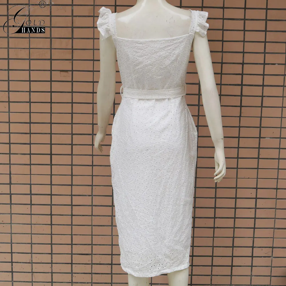 Женское платье с вышивкой золотыми руками белое элегантное ажурное на пуговицах