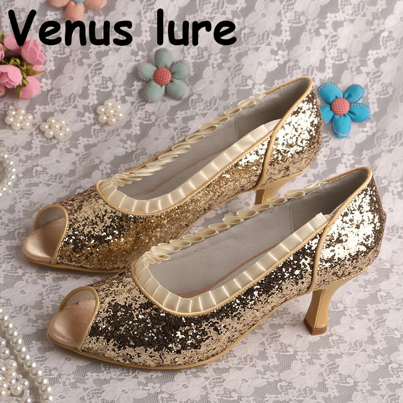 

Custom Handmade Glitter Gold Shoes Size 7 Open Toe Ladies Pumps Mid Heel