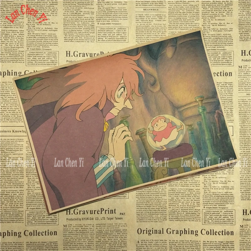 Ponyo на скале Хаяо Миядзаки мультфильм фильм крафт бумага Плакат Бар Кафе гостиная столовая детская комната декоративные картины - Цвет: Многоцветный