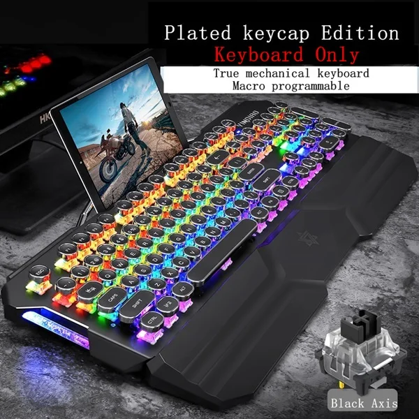 Keyboard Black Axis YINDIAO Esport Ретро круглая клавиатура Проводная Смешанная подсветка Механическая игровая клавиатура мышь и гарнитура моделирование водяного охлаждения - Цвет: Keyboard Black Axis