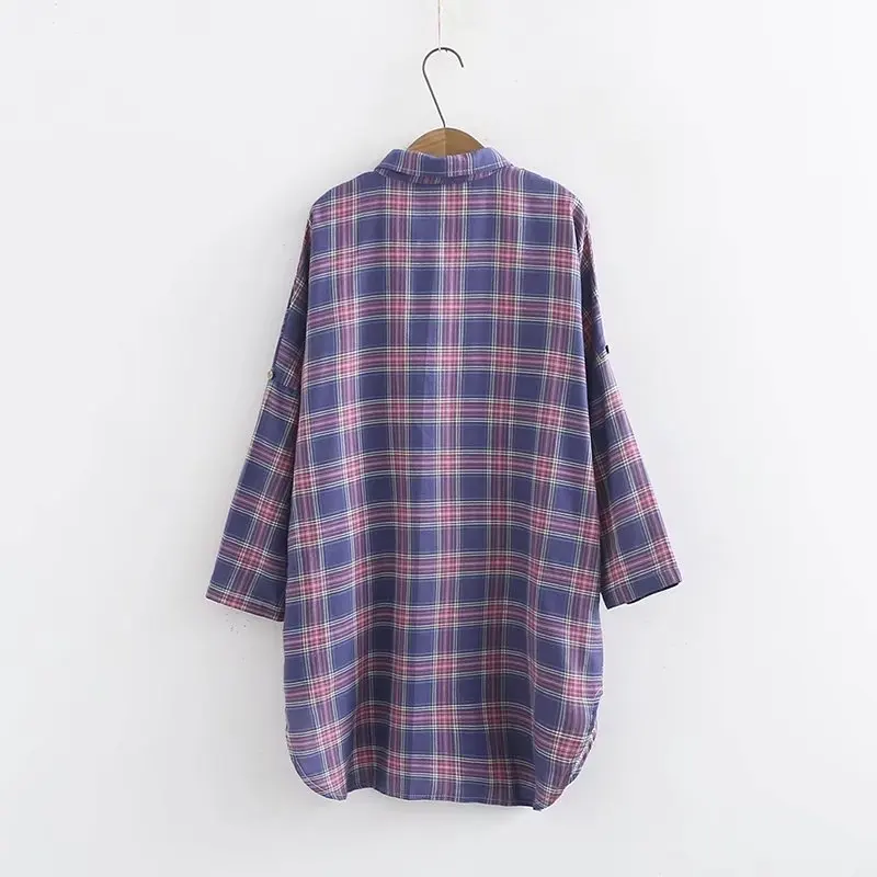 2019 spring new korean version of the fat mm200 plus fertilizer xl women plaid shirt and long sections female backing |
