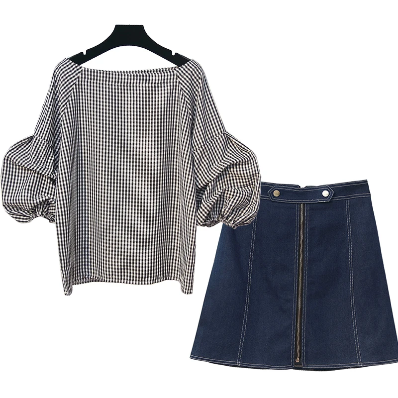 Trytree Spring summer Women two piece set Casual Plaid Slash Neck Tops + Skirt Denim Mini skirt Female Suit Set 2 Piece | Женская одежда