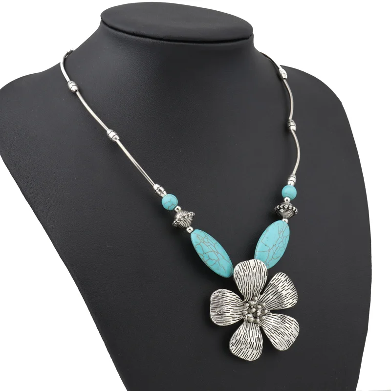 

Tenande Vintage Bohemian Big Natural Stone Beads Flowers Statement Necklaces Pendants for Women Hot Sale Femme Jewelry