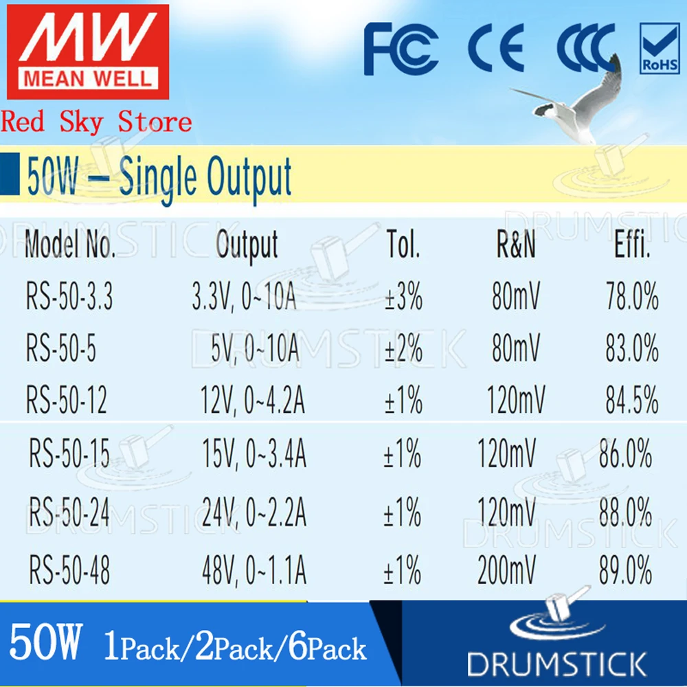 (1 шт. в упаковке) Meanwell 50 Вт Питание RS 5V/3 3/12/15/24/48 наблюдение езопасности