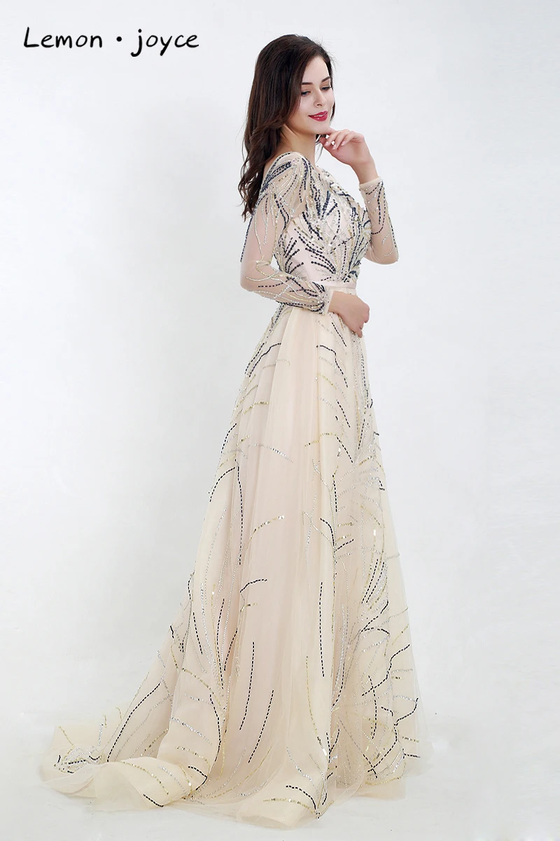 Lemon joyce Formal Evening Dresses with Long Sleeves O-neck Illusion A-Line Prom Dress Party Gowns Plus Size