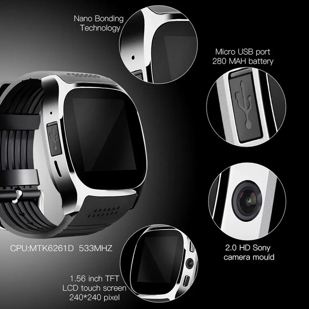 T8 Bluetooth Смарт часы с слотом для sim-карты камера Будильник 6261D/260 МГц 240 мАч батарея