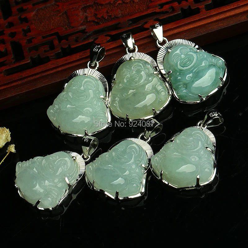 Подвеска в виде Будды из серебра 925 пробы с инкрустированным нефритом Подлинная