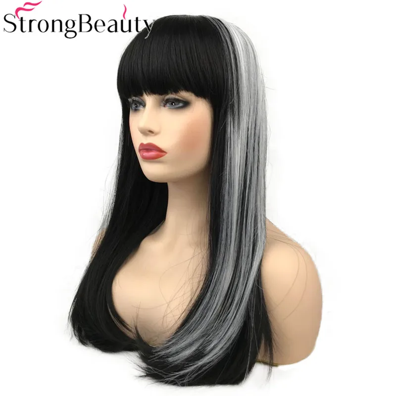 StrongBeauty Длинные прямые парики с аккуратной челкой синтетические волосы черный