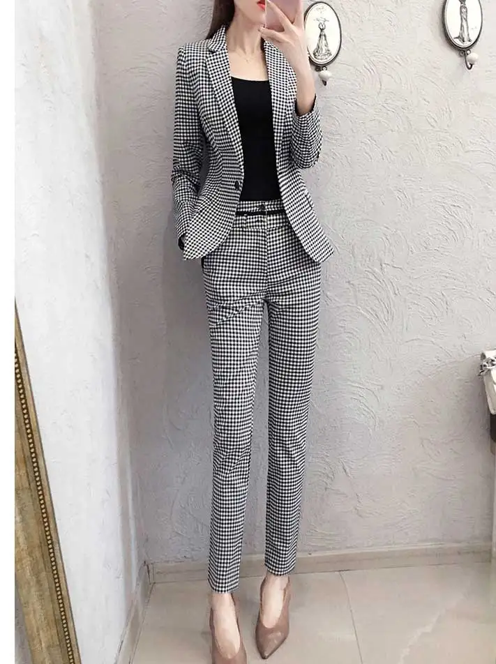 Black white plaid Женский костюм из плиадных штанов, приталенный Блейзер, пиджак, брюки с высокой талией, Женский офисный костюм из 2 предметов, лидер продаж S96202Z - Цвет: Black white plaid