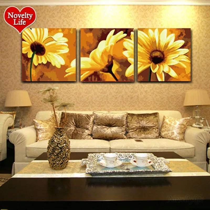 Sunflowers 3 шт./компл. DIY картина маслом по номерам цветы ваза раскраска рисунок холст ручная роспись стены Пейзаж Рождественский подарок с рамкой - Цвет: Sunflowers