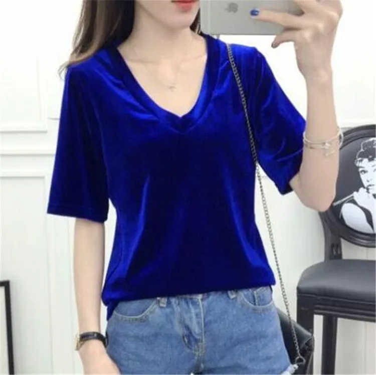 navy blue Осень, модная женская рубашка, тонкие топы, золотые бархатные рубашки с v-образным вырезом и коротким рукавом, одноцветные женские рубашки размера плюс M-7XL - Цвет: navy blue