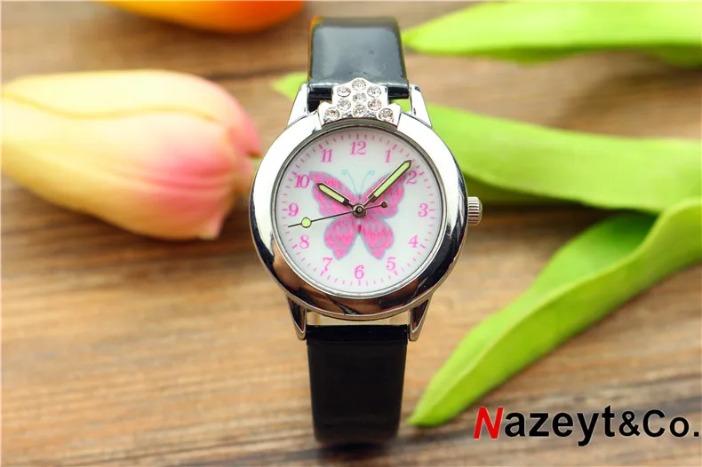 crystal black Nazeyt детские часы с персонажами мультфильмов для девочек прекрасный циферблат с бабочкой светящиеся стрелки Хрустальные кожаные часы с бриллиантами подарок на день детей - Цвет: crystal black