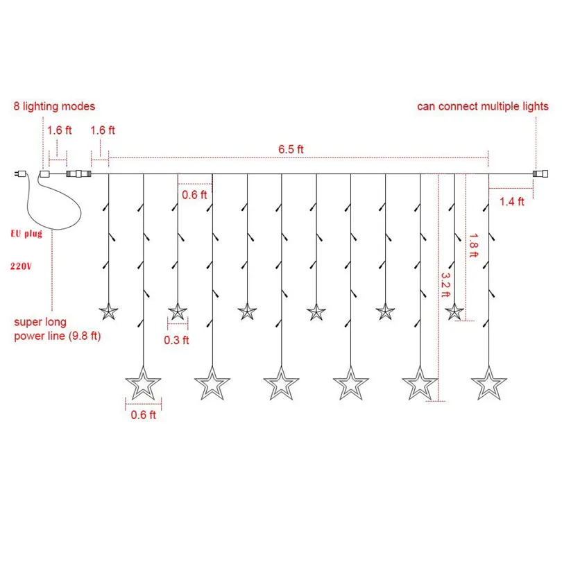 

4.5M LED Star Curtain Light Fairy String Lights Garland Christmas Holiday Lamp 8 Flashing Modes Neon Lantern Wedding Home Decor
