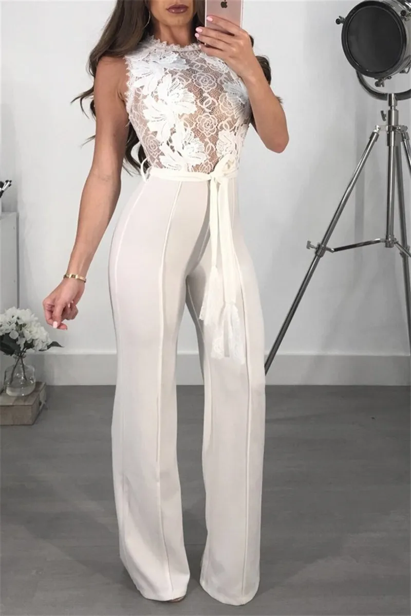 Adogirl Sexy Sheer Lace Applique Casual Jumpsuit Solid Black White Red Sleeveless Romper with Belt Women Wide Leg Pants Overalls