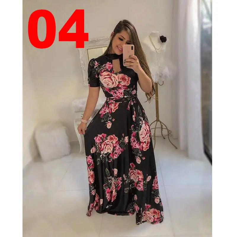 short sleeve 4 По сравнению с Размеры Повседневное Для женщин летнее платье из набивной ткани роковой вечерние платья Для женщин пуловер размера плюс уличная длинное Бандажное Макси платье - Цвет: short sleeve 4