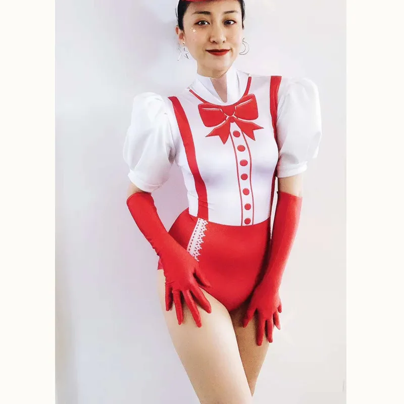 Maid Role Cosplay Costumes Women Bow Print Stretch Party Bodysuit Nightclub Prom Pole Dance Leotard DJ Showgirl Stage Outfits