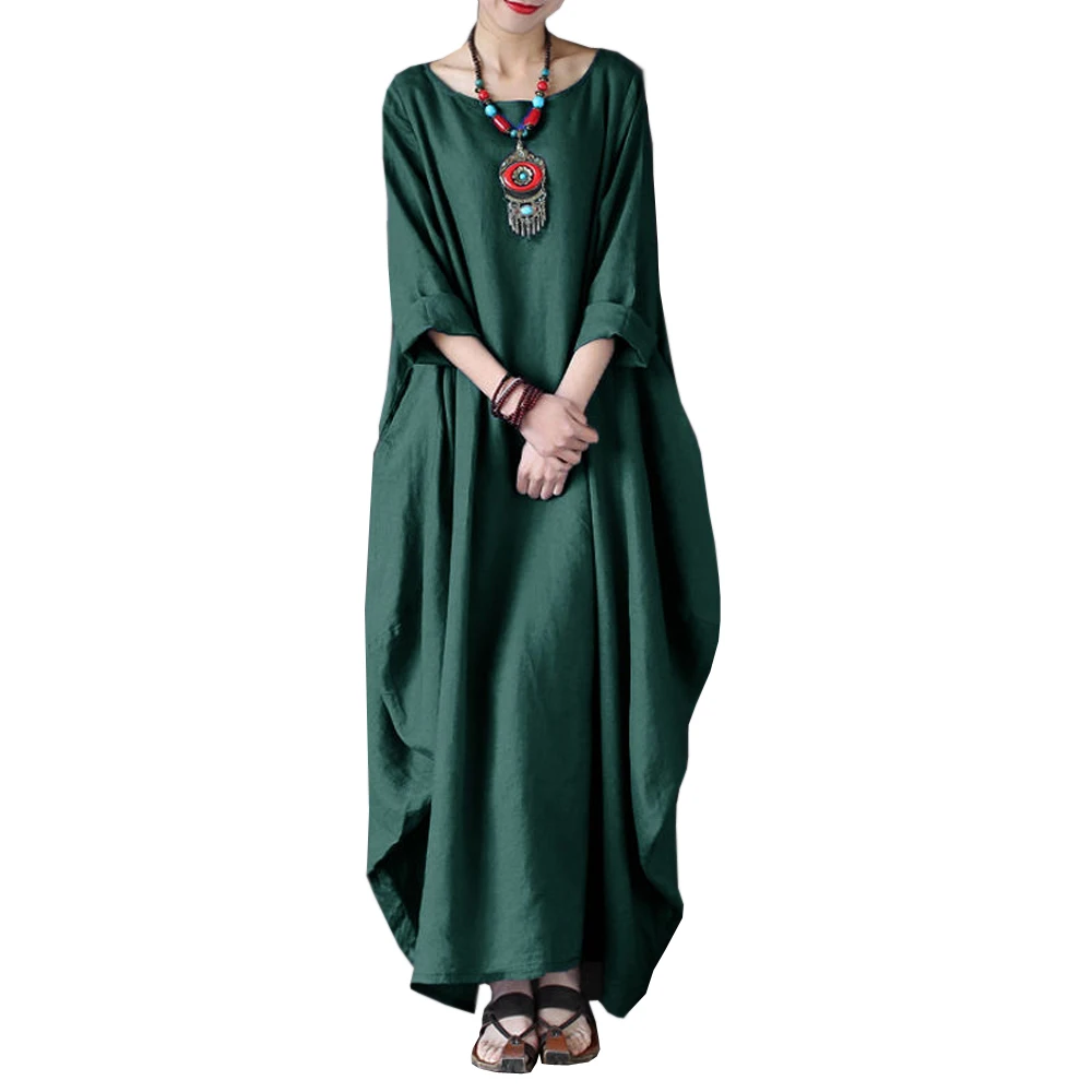 Женское длинное платье-рубашка из хлопка и льна с рукавом 2018 | Женская одежда