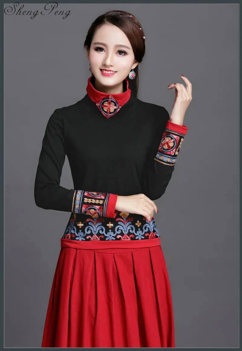 Топ Cheongsam, традиционная китайская одежда, женские топы, Женские топы с длинными рукавами, винтажные топы с вышивкой CC230