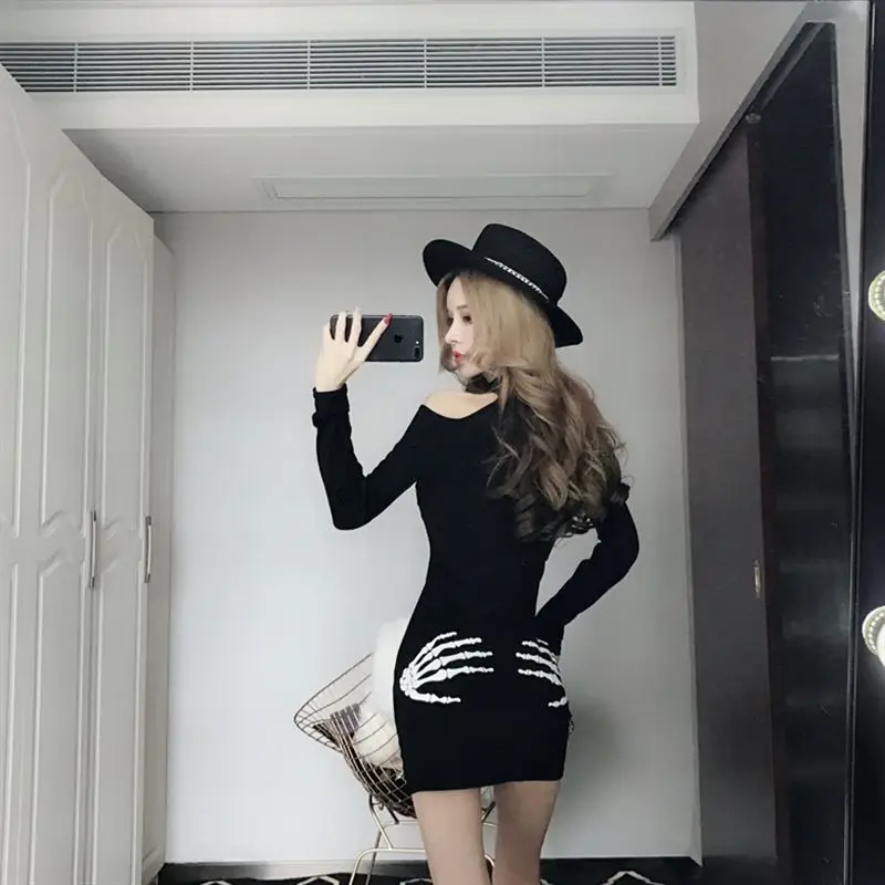 Платья для Для женщин Череп ручной печати Sexy плеча Тонкий одноцветное платье с