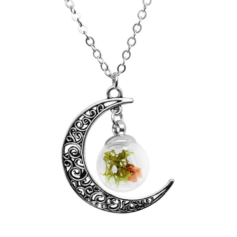 Девушка Луна натуральный сушеный цветок ожерелье покрытие серебро стекло купол