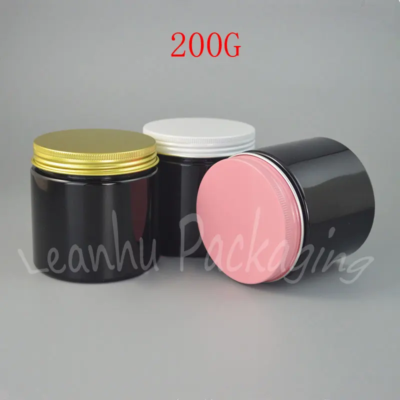 200G Black Plastic Cream Jar With Aluminum Cover , 200CC Mask/Cream Sub-bottling , Empty Cosmetic Container (36 PC/Lot )