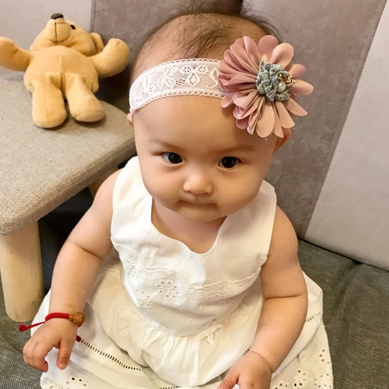 Baby Headbands Girls Big Flower Head Band Kids Lace Elastic Headwear Toddler Pearl Crown Headwrap Newborn Cute Photo Props | Детская
