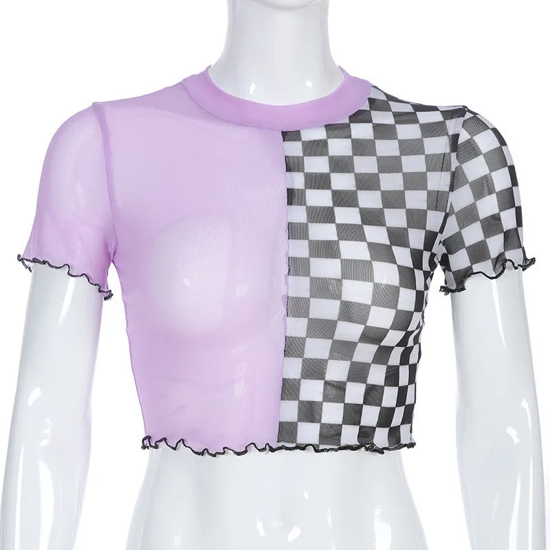 Женская клетчатая сетчатая дышащая футболка с коротким рукавом и рюшами круглым