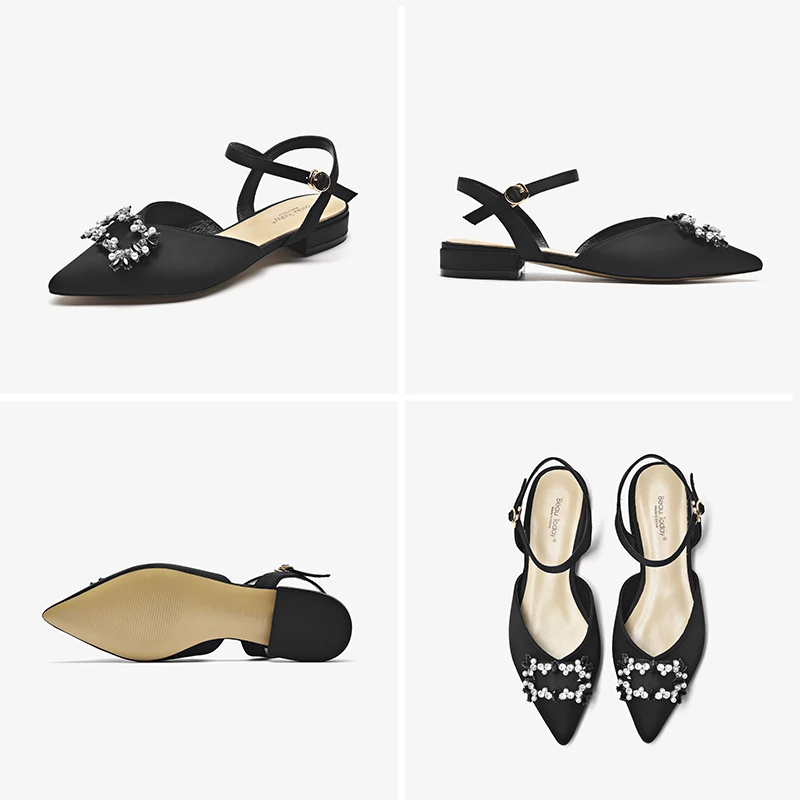 BeauToday Crystal Sandals Women Satin Cloth Pointed Toe Buckle Strap Ladies Party Wedding Summer Flats Handmade 32144
