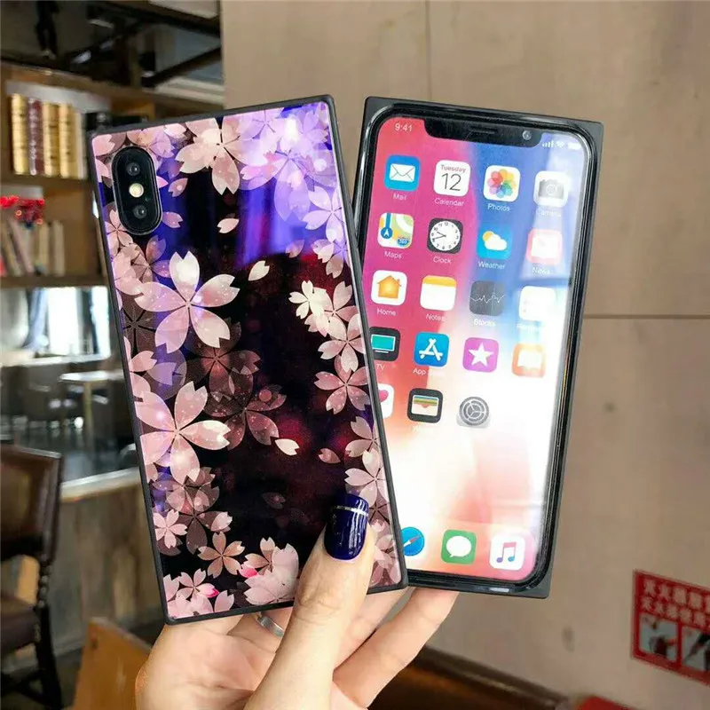 Красивые цветы square чехол для iPhone X 6 6s 7 8 Мода Закаленное стекло Мягкий край