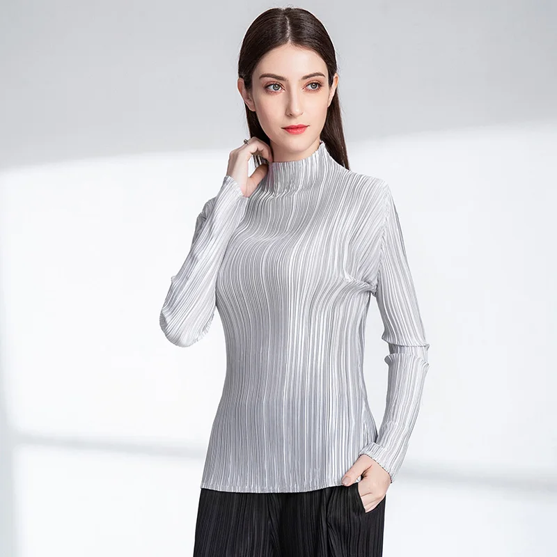 Changpleat 2018 осенние новые женские футболки Топ Miyak плиссированная водолазка