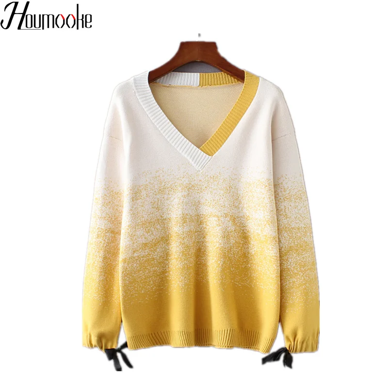 Женский свитер с v-образным вырезом HMK свободный свободного кроя градиентом и