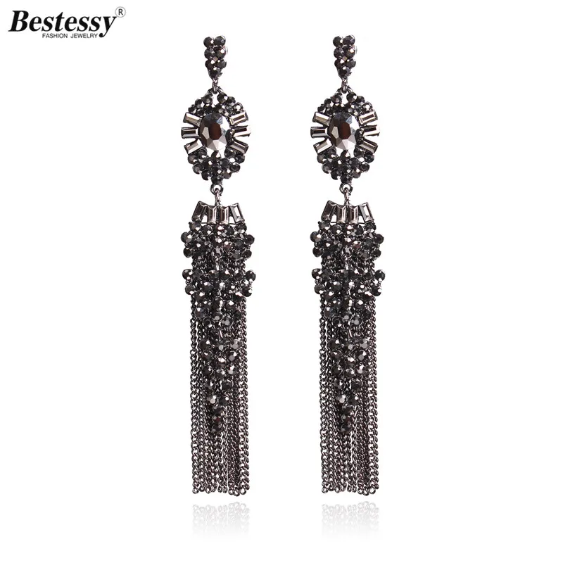 Женские винтажные серьги с кисточками Bestessy черные длинные капельки со