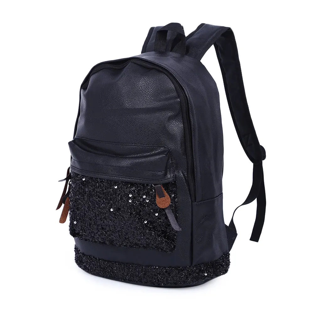 Hot Sell Women Casual Pure Color Backpack Bag PU Leather Bags Black Zipper Type Sequins Decoration Shoulder | Багаж и сумки