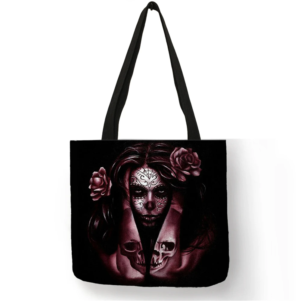 

Customize Floral Girl Day of Dead Tote Bag For Women Lady Fashion Handbags Personalized Tattoo Print Shoipping Traveling Bags