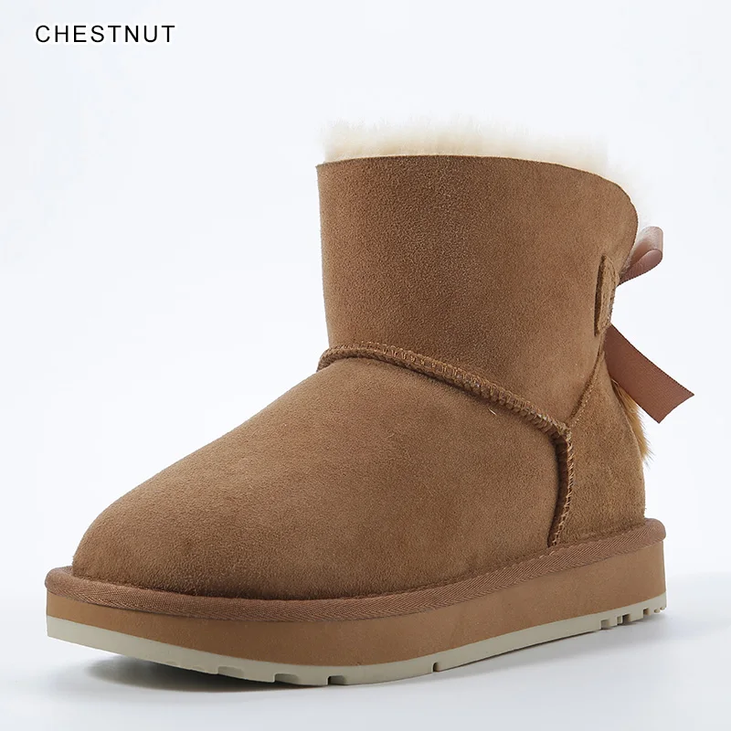 Chestnut INOE женские ботильоны зимние ботинки из овечьей кожи с меховой подкладкой атласный бантик с кисточками из норки Высокое качество зимняя обувь на плоской подошве нескользящие модные полусапоги Сумерки розовый черный - Цвет: Chestnut