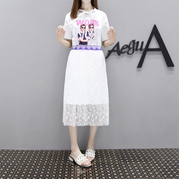 xl - 5xl lady printed T-shirt two-piece lace skirt loose fashion female sets hollow out K94 | Женская одежда