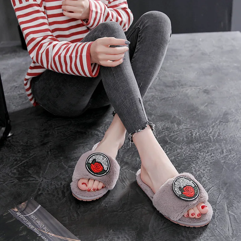 2019 новый дизайнер роза аппликации мех Дамские тапочки блеск значок Меховые Туфли