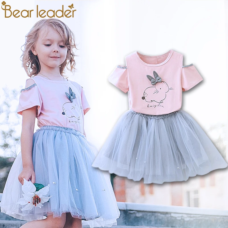 Bear leader/комплекты одежды для девочек; коллекция года; брендовая одежда для девочек; белая футболка с короткими рукавами и рисунком+ платье с вуалью; комплект из 2 предметов; детская одежда
