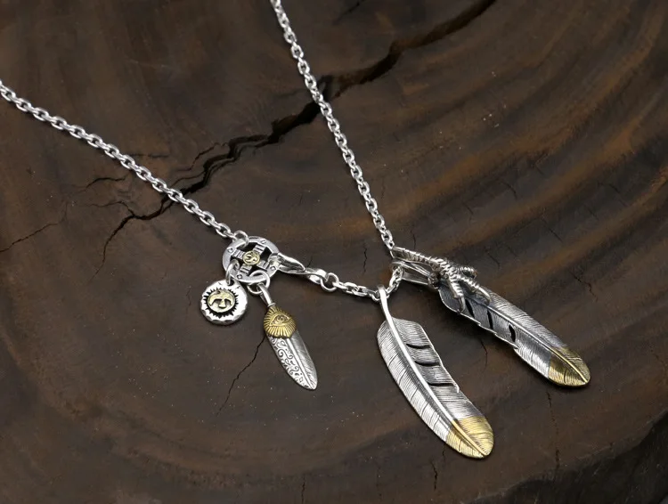 56.9g Solid 925 Sterling Silver Long Necklace Men Vintage Indian Style Gold Eye &amp Claw Feather Charms Designer Jewelry Gifts | Украшения