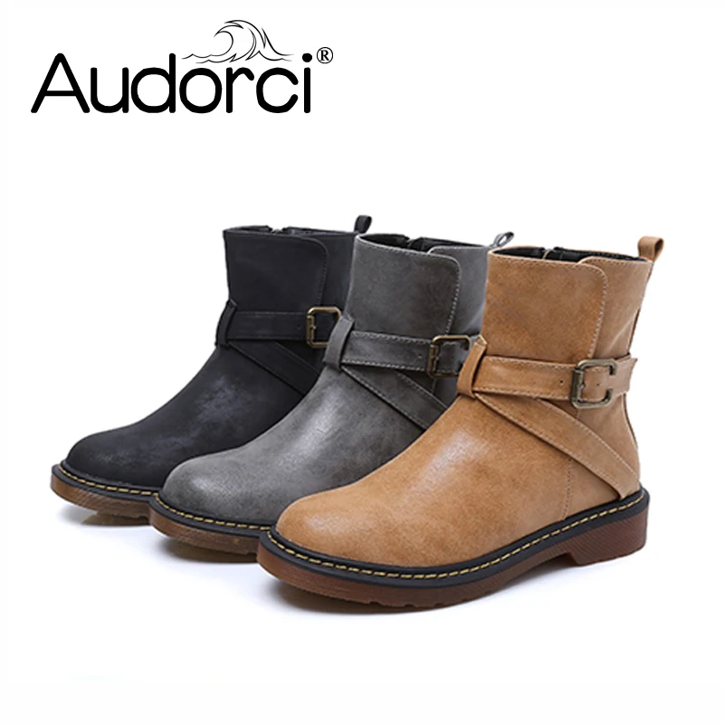 Audorci 2018 Зимние Модные женские ботильоны ботинки с двойной пряжкой обувь на весну