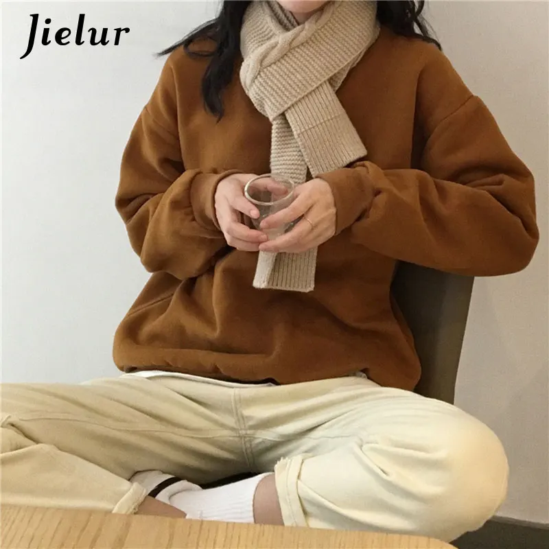 Хаки Jielur 12 однотонные толстовки Джерси женские Зимние флисовые корейские Harajuku толстовки женские Kpop Kawaii черные розовые женские s пуловеры - Цвет: Хаки