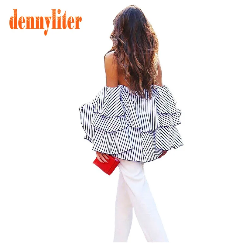 Dennyliter с открытыми плечами оборками блузка рубашка женские топы 2017 г. Летняя