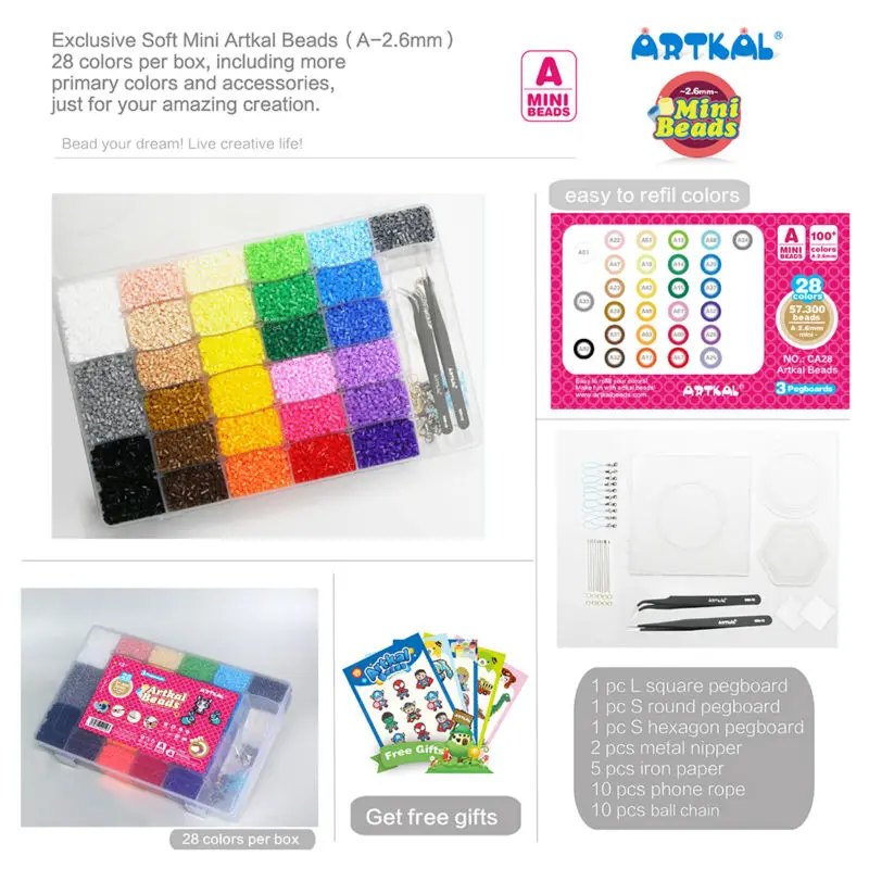 Artkal Beads 28 цветов с коробкой для pegboard набор из мягких мини бусин перлера детей