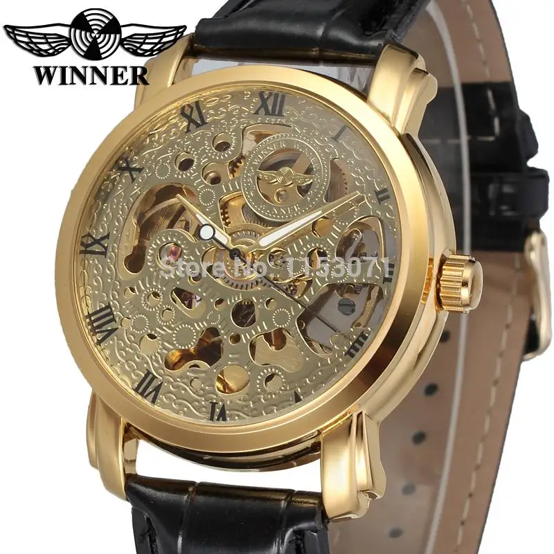 

Winner Men's Watch Brand New Arrival Automatic Self-Wind Skeleton Roman Numbers Leather Band Wristwatch Color Gold WRG8078M3G2