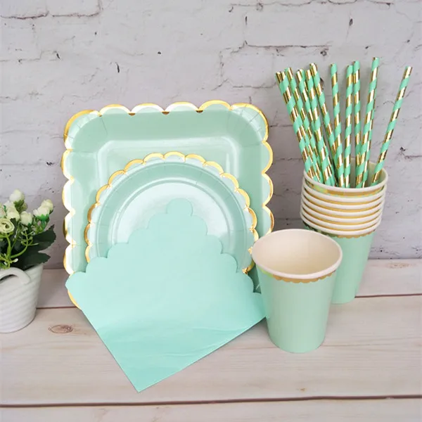 Mint Set 2 32 Комплекты розовое Фольга Baby Shower посуда бумажные тарелки блюда салфетки для стаканчиков соломки для дней рождения вечерние свадебные праздничный Декор - Цвет: Mint Set 2